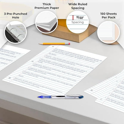 Loose Leaf Paper, 450 Sheets, 3 Pack, 56 gsm Wide Ruled Sheets, 8" x 10.5", Bulk Notebook Paper, 3 Hole Punched, 150 SheetsPack, Wide Ruled Paper for Binders, Loose Leaf Office Paper, White