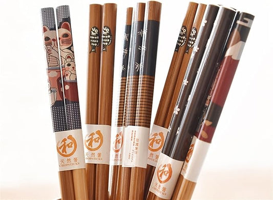 Chopsticks Reusable 5 pairs of bamboo chopsticks household long chopsticks family pointy cute personality bamboo non-slip set tableware chopsticks(Fat fish)