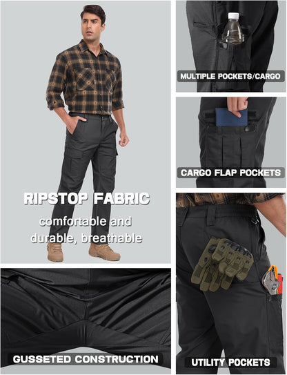 Mens Cargo Work Pants Durable Ripstop Tactical Pants with 7 Pockets Outdoor Water Resistant Hiking Woking Construction Pants