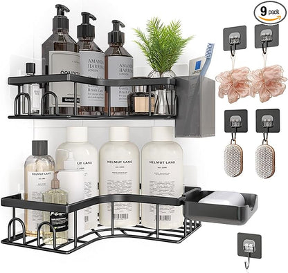 Adhesive Shower Caddy, 2 Pack Corner Bath Organizer, Rustproof Stainless Steel Shower Shelves with Large Capacity, No Drilling Shelves for Bathroom Storage, Home, Kitchen Decor