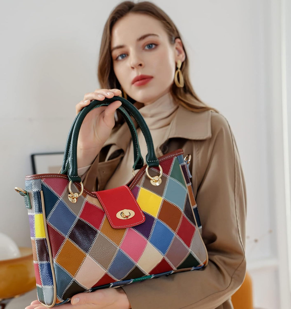 HESHE Genuine Leather Handbags Colorful Purses for Women Crossbody Bag Multi-color Tote Purse Designer Hobo Shoulder Bag