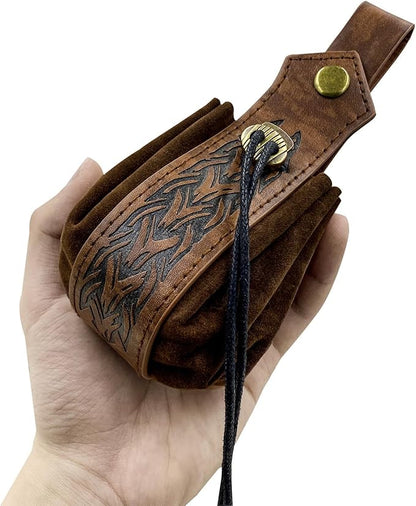 Medieval Faux Leather Pouch,Viking Belt Pouch,Retro Nordic Belt Pack,Portable Drawstring Purse,Dice Bag For Hiking Archery LARP Renaissance Faire Costume