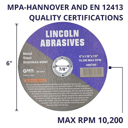 30 Pc 6" x 1/16" x 7/8" Cut-Off Wheels Lincoln Abrasives Metal & Stainless Steel