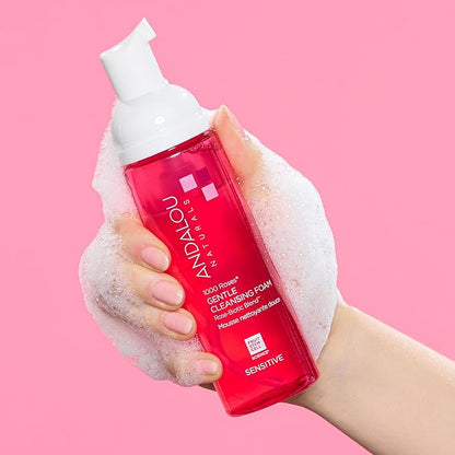 Andalou Naturals 1000 ROSES Gentle Cleansing Foam Face Wash, Hydrating Foaming Facial Cleanser with Rosewater  Aloe for Women  Men, Non Toxic, Vegan