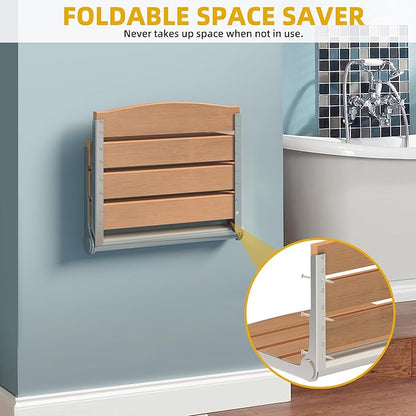 DWVO Folding Shower Seat Wall Mounted, Fold Down Shower Bench, Home Care Folding Shower Chair for Seniors,Disables,Pregnants Teak