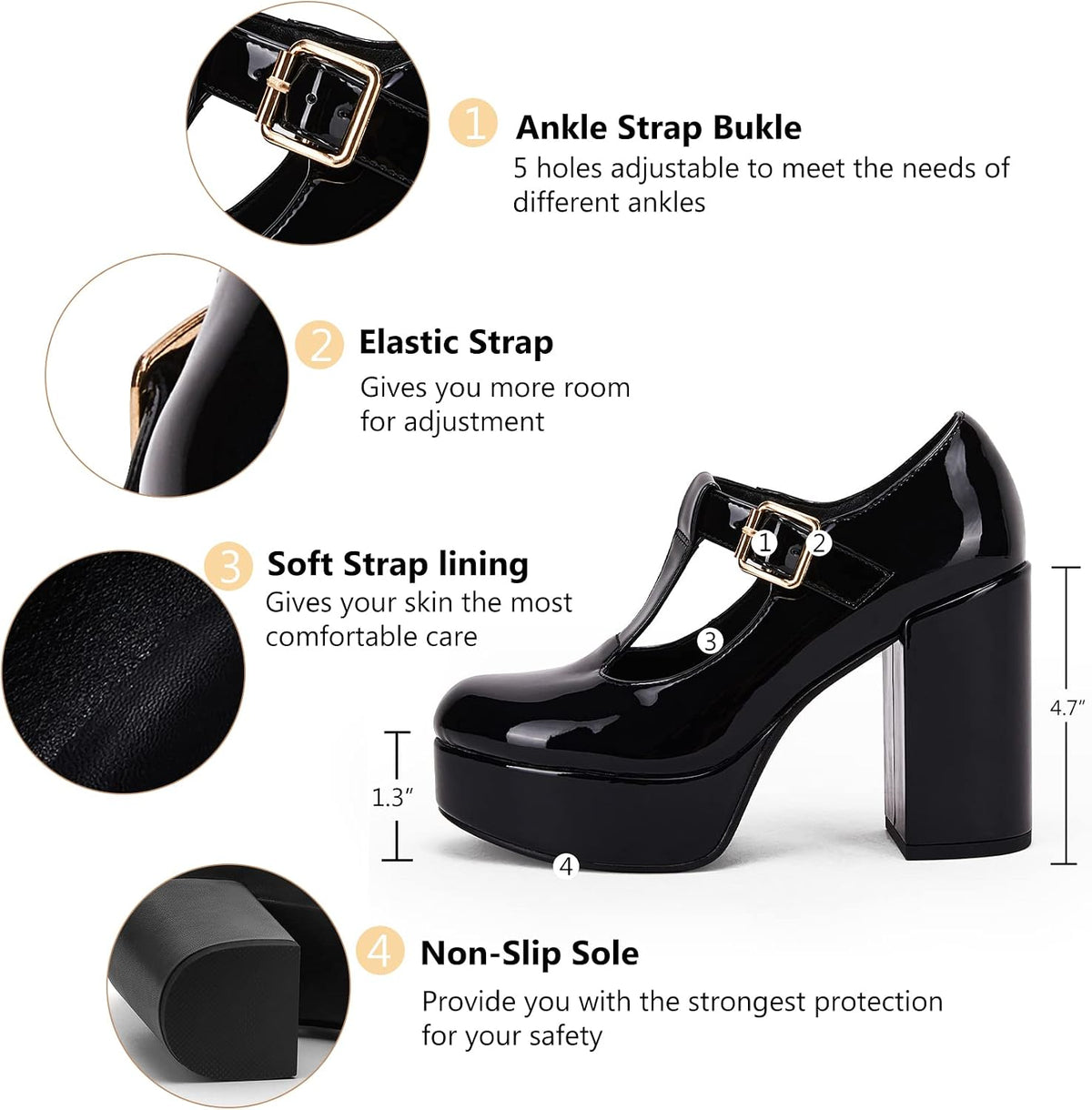 Coutgo Womens' T-Strap Round Toe Chunky Platform Heels Patent Mary Jane Dress Shoes .