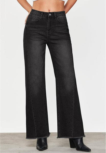 GRAPENT Wide Leg Jeans for Women High Waisted Trendy Strechy Denim Pants Side Seam Frayed Hem Baggy Work Trouser Jeans
