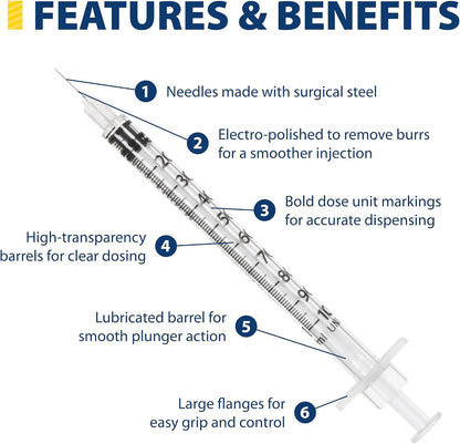 Easy Touch 31 Gauge U-100 Insulin Syringes (31G 1cc 5/16”) with 5/16” Short Needle, 1cc (20 Unit Capacity), Bold Markings for Accurate Dosing, Disposable, Box of 20