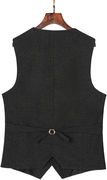 Mens Vintage Classic Herringbone Pattern Suit Vest V Neck Casual Wool Blend Waistcoat for Men