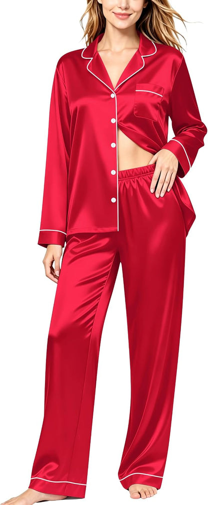 SWOMOG Womens Silk Satin Pajamas Set Long Sleeve Button Down Sleepwear 2 Piece Lounge Set Pj Set XS-3XL