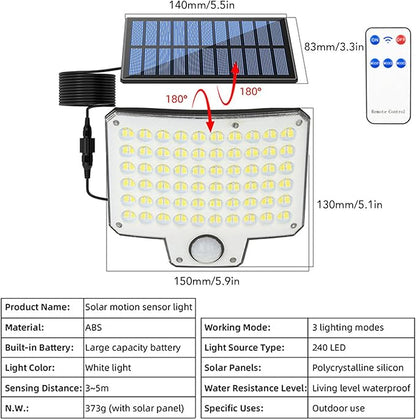 Solar Powered Wall Light, Water Proof Anti Heat and Frost 3000LM 240 LEDs IP65 Motion Sensor Solar Outdoor Lamp with Remote Control for Garage