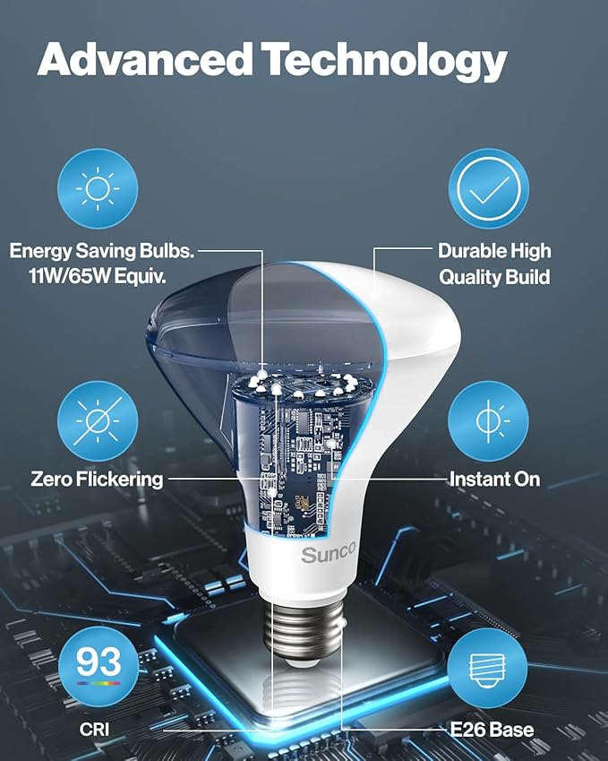 Sunco BR30 Light Bulb LED Indoor Flood Lights 3000K Warm White 850 Lumens, E26 Base, 25,000 Lifetime Hours, Interior Dimmable Recessed Can Light, 6 Pack, 11W Equivalent 90W.