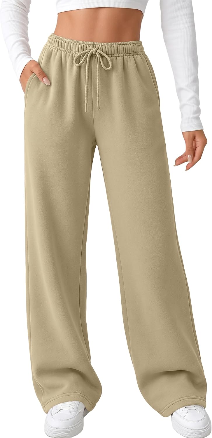 AUTOMET Women's Straight Leg Sweatpants Fleece Lined Baggy Wide Leg Lounge Pants
