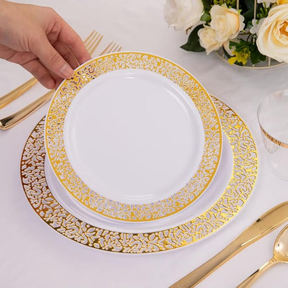 supernal 100pcs Gold Plastic Plates, 10.25" Plastic Dinner Plates, White Plastic Plates with Gold Rim,Gold Lace Plates,Gold Plastic Plates for Weddings Celebrations and Parties