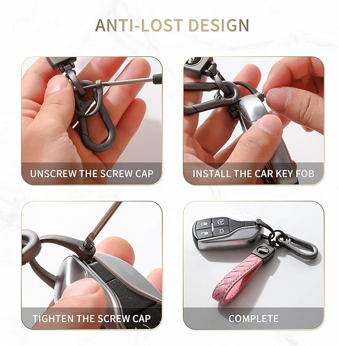 Carabiner Keychain, Universal Heavy Duty Woven Handmade Leather Key Chain, Car Fob Key Keychains with 360 Degree Rotatable Snap Swivel and Anti-Lost D-Ring for Men and Women, Gunmetal - Pink