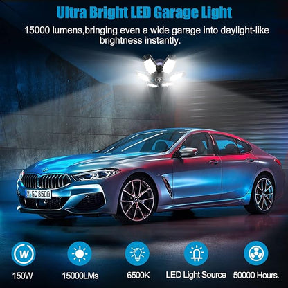 2 Pack Motion Sensor Garage Light, Total 30000LM Deformable Garage Lighting, 150W Garage Light LED Ceiling with Motion, Ultra Bright Garage Lights Motion Activated LED Shop Light for Attic, Basement