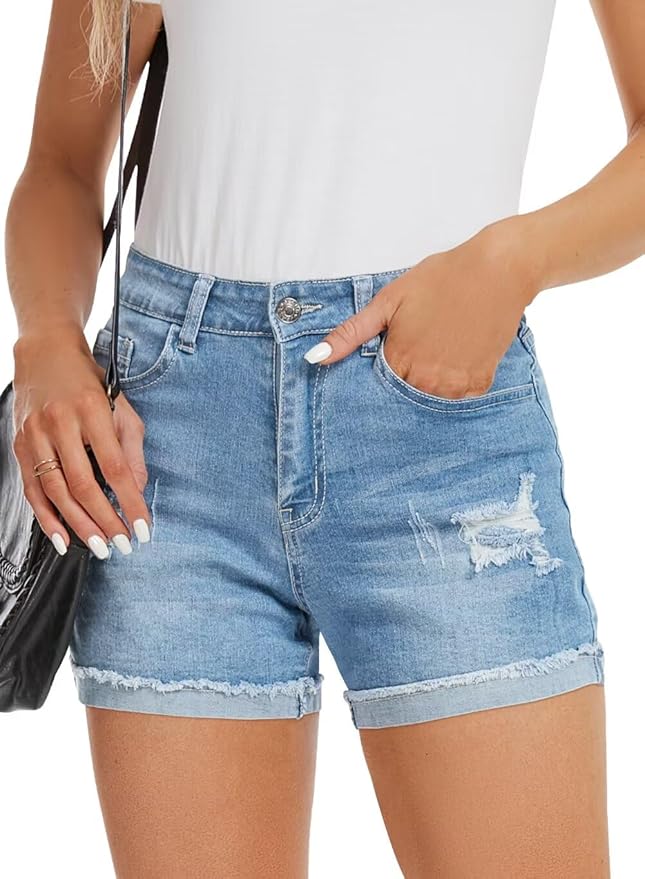 FEKOAFE 2025 Womens Casual Mid/High Waisted Denim Shorts Summer Stretchy Ripped Jean Shorts for Women
