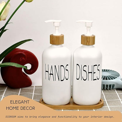 Glass Soap Dispenser Set - Hand Soap and Dish Soap Dispenser with Bamboo Tray. Vintage Soap Dispenser with Pump for Kitchen Sink and Bathroom. Stylish Permanent Labels (Matte White)