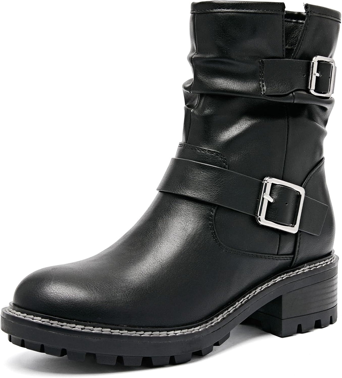 Ruiee Ankle Boots for Women Combat Boots Low Heel Short Booties Round Toe Side Zipper Womens Boots.