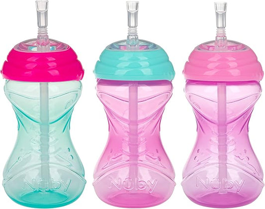 Nuby 3 Piece No-Spill Easy Grip Cup with Flex Straw, Clik It Lock Feature, Girl, 10 Ounce