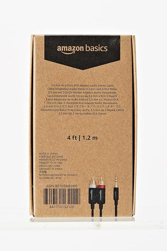 Basics 3.5mm Stereo Aux to 2 x RCA Audio Cable Adapters, 4 Feet1.2 m, for Connecting Amplifiers, Speakers, with Gold-Plated Plugs, Black