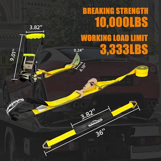 4 Pack 2 Heavy Duty Car Ratchet Tie Down Kit with Snap Hooks-Break Strength 10,000lbs-Working Load 3,333lbs-Includes 36 Axle Straps with D-Ring(Yellow)