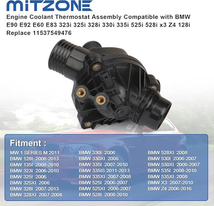 MITZONE Engine Coolant Thermostat Assembly Compatible with BMW E90 E92 E60 E83 323i 325i 328i 330i 335i 525i 528i x3 Z4 128i Replace 11537549476
