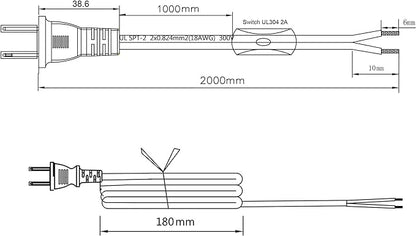 Lamp Cord has Button Switch UL304 2A/120V,Plug,Stripped Ends Ready for Wiring 18 AWG SPT-2, White (6FT)