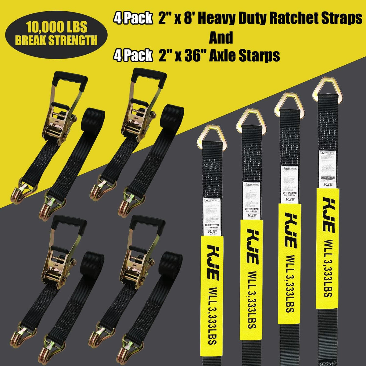 Heavy Duty Car Trailer Tie Down Straps 4 Pack Kit - 2" x 8' Ratchet Straps + J-Hooks with Clip, 2" x 36'' Axle Straps - 10,000lbs Break Strength - Use for Car, Truck, UTV Transport.( left side of the handbag is missing )