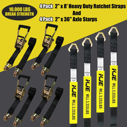 Heavy Duty Car Trailer Tie Down Straps 4 Pack Kit - 2" x 8' Ratchet Straps + J-Hooks with Clip, 2" x 36'' Axle Straps - 10,000lbs Break Strength - Use for Car, Truck, UTV Transport.( left side of the handbag is missing )