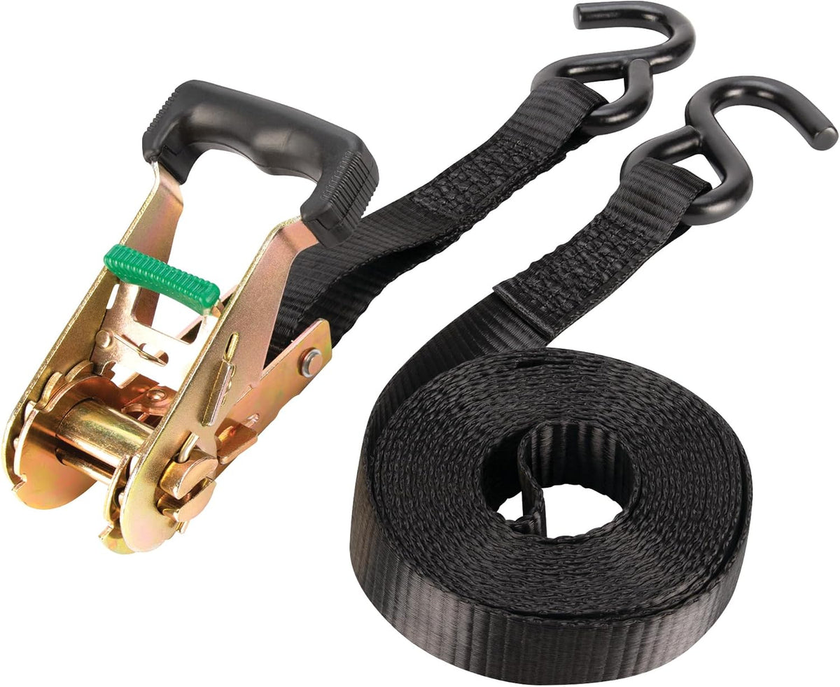 Performance Tool W1856 1-in X 14-ft Ratcheting Tie Down Strap: 1000 lb Load Limit, 3000 lb Break Strength, Strong Poly Webbing, Padded Comfort Ratchet Handle, Vinyl Hooks, Heavy Duty, Black