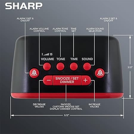 Sharp Big Bang Super Loud Alarm Clock for Heavy Sleepers, 6 Extremely Loud Wake Up Sounds: Rooster, Bugle, Nagging Mom, Jackhammer, Siren, Beep  Up to 115db Volume, RedBlack with Red LED Display