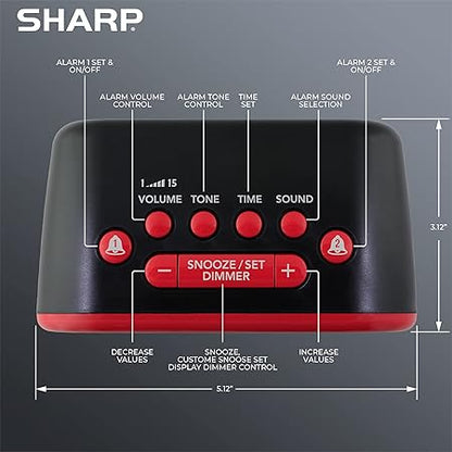 Sharp Big Bang Super Loud Alarm Clock for Heavy Sleepers, 6 Extremely Loud Wake Up Sounds: Rooster, Bugle, Nagging Mom, Jackhammer, Siren, Beep  Up to 115db Volume, RedBlack with Red LED Display