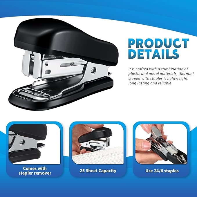 Sherr 20 Pack Mini Staplers Bulk with 15000 Nail, Office Staplers for Desk 25 Sheet Capacity, Hand Held Desk Students Teachers Supplies for School Office Business Non Slip Base Black