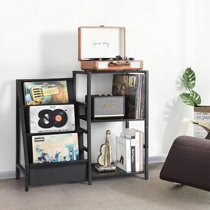 3-tier record player stand offers storage for 200 vinyl albums, turntable, and audio gear for vinyl enthusiasts.