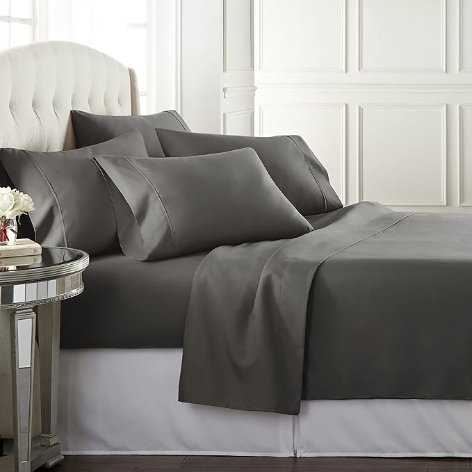 Bedsure 6-piece sheet set with 4 pillowcases, microfiber, deep pockets, breathable, refreshing, wrinkle-free, machine washable, dark gray