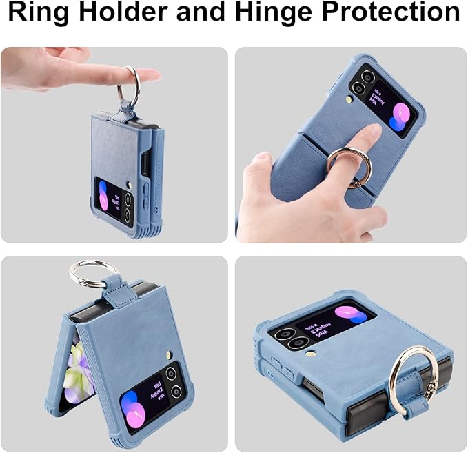 Phone Case Compatible for Galaxy Z Flip 4,[Screen Protector Not Included] Leather Cell Phone Cover with Ring Fit for Samsung Galaxy Z Flip 4 5G (Blue)