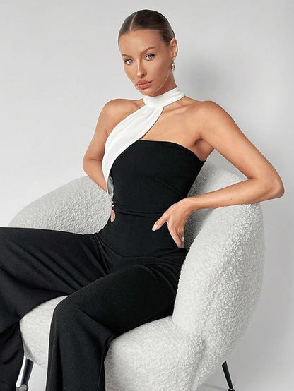 Women's 2024 Casual Long Jumpsuit Sleeveless Colorblock Asymmetrical Halter Jumpsuit
