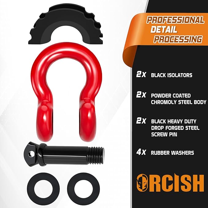 ORCISH 2PK D Ring Shackle, 42,000lb Break Strength, D Ring Shackles 3/4 inch with Black Isolator Washer and 7/8" Screw Pin, Tow Shackles, Soft Shackle Kit for Off-Road Jeep Truck Vehicle Recovery