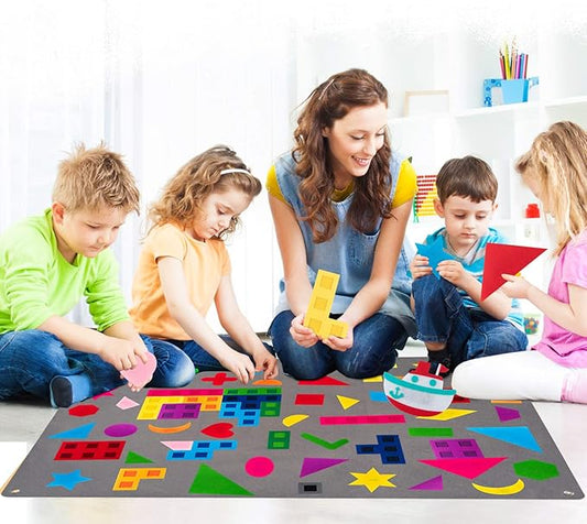 WATINC 64Pcs Preschool Shapes Teaching Felt Board Story Set 3.5 Ft Colorful Montessori Teacher Aide Tangrams Storytelling Flannel Interactive Play Kit Wall Hanging Gift for Toddlers