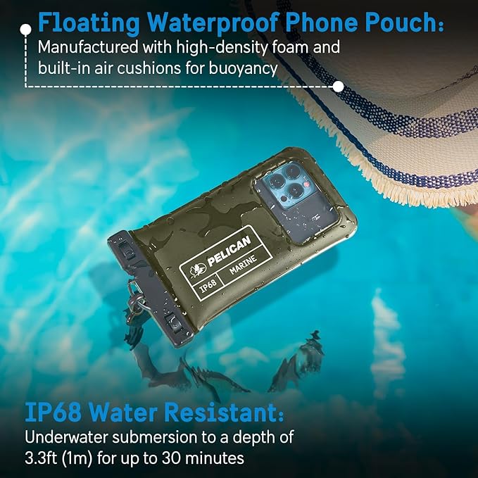 Pelican Marine - IP68 Waterproof Phone Pouch (Regular Size) Floating Waterproof Phone Case - Beach Cruise Ship Travel Essentials - Works with All Phones - Detachable Lanyard - Olive Green
