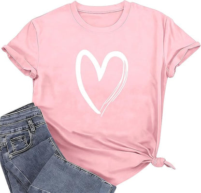 Valentines T Shirts for Women Cute Heart Print Graphic Tees Casual Short Sleeve Top Summer Fashion Round Neck Blouse
