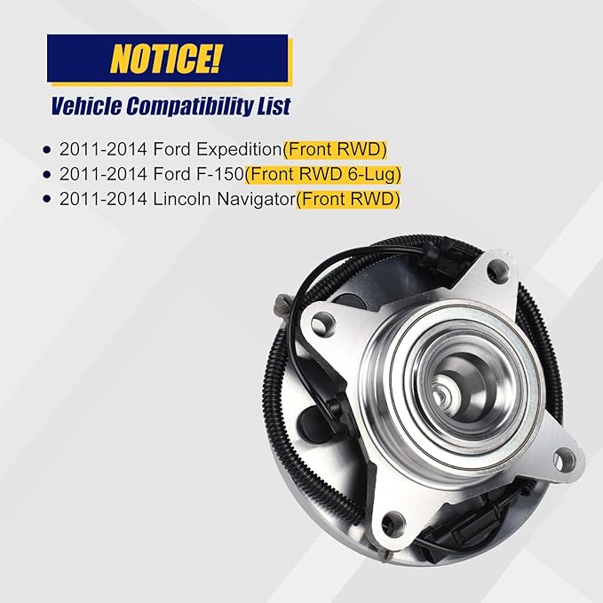 KUSATEC 515143 Front Wheel Bearing and Hub Assembly Compatible with 2011-2014 Ford Expedition F-150, Lincoln Navigator, 6 Lug Bolts w/ABS
