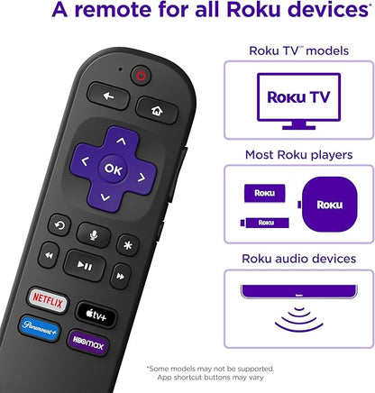 Roku Voice Remote  Replacement TV Remote Control with Voice Control, Simple Setup,  Pre-Set App Shortcuts - Compatible with Roku TV, Players,  Audio Devices