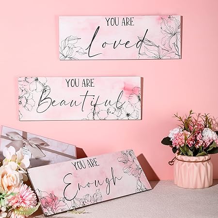 Yookeer 3 Pcs Floral Wooden Hanging Wall Art Inspirational Quotes You Are Beautiful Room Picture Decor Thank you Birthday Women Gift Teacher Assistant(4 x 11 Inch,Pink)
