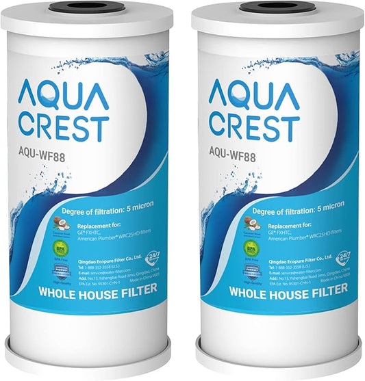 AQUA CREST FXHTC 5 Micron 10" x 4.5" Whole House Water Filter Replacement for GE FXHTC, GXWH40L, American Plumber W10-PR, W10-BC, Culligan RFC-BBSA, GXWH35F, W50PEHD, Pentek R50-BB, Pack of 2