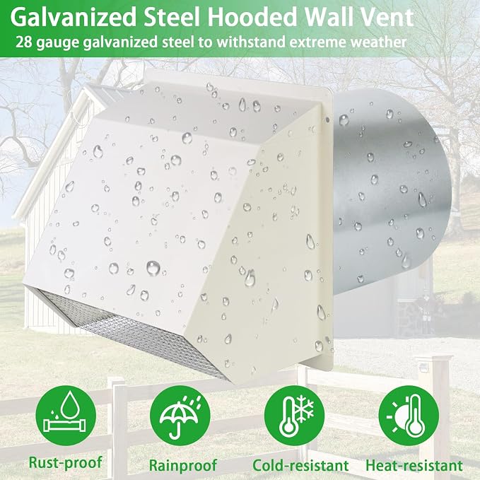 6 Inch Hooded Wall Vent with Screen and Damper,6" Vent Hood Wall Exhaust Vent Cover,Dryer Vent Cover Outside,6"Vent Cover Exterior Wall Vent Cap for Range Hood Kitchen Air Ventilation,Galvanized Steel