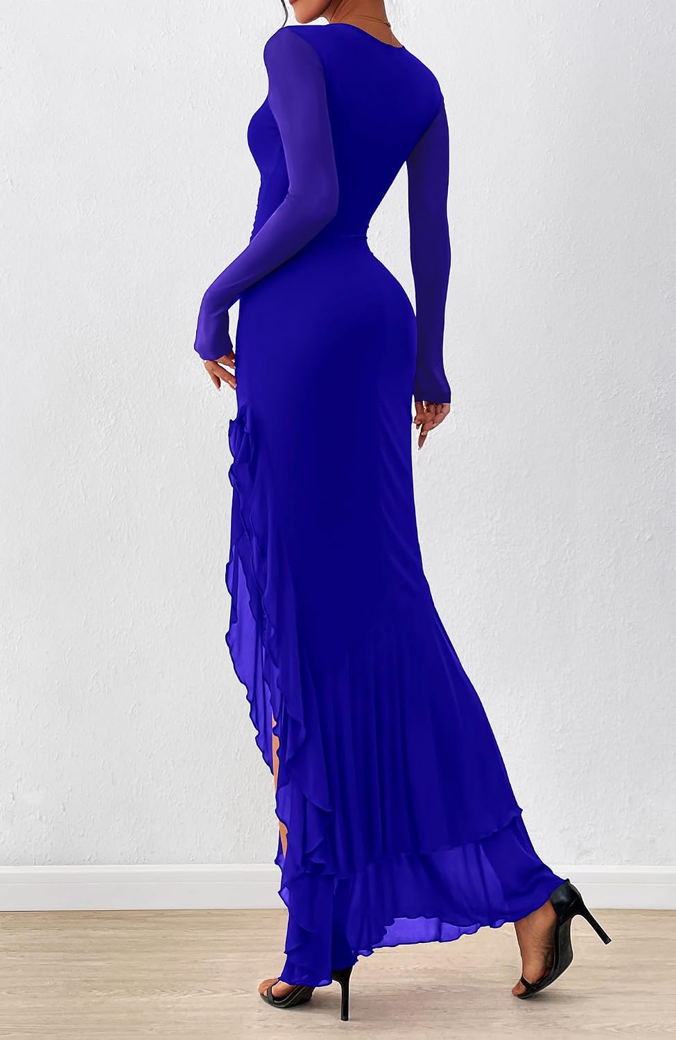 BTFBM Women's Maxi Dresses Fall 2026 Long Sleeve Ruched Bodycon Solid Ruffle Mermaid Cocktail Wedding Guest Dress .