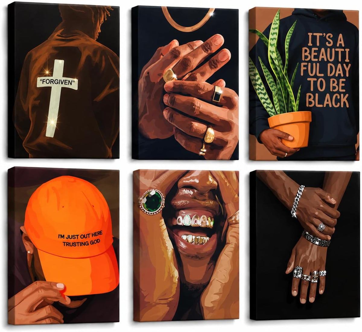 6pcs Black man Canvas Wall Art Black Man Trend Luxury Street Painting Pictures Decor Fashion African American Posters Prints Artwork for Living Room Bedroom Scene Home Decoration Unframe