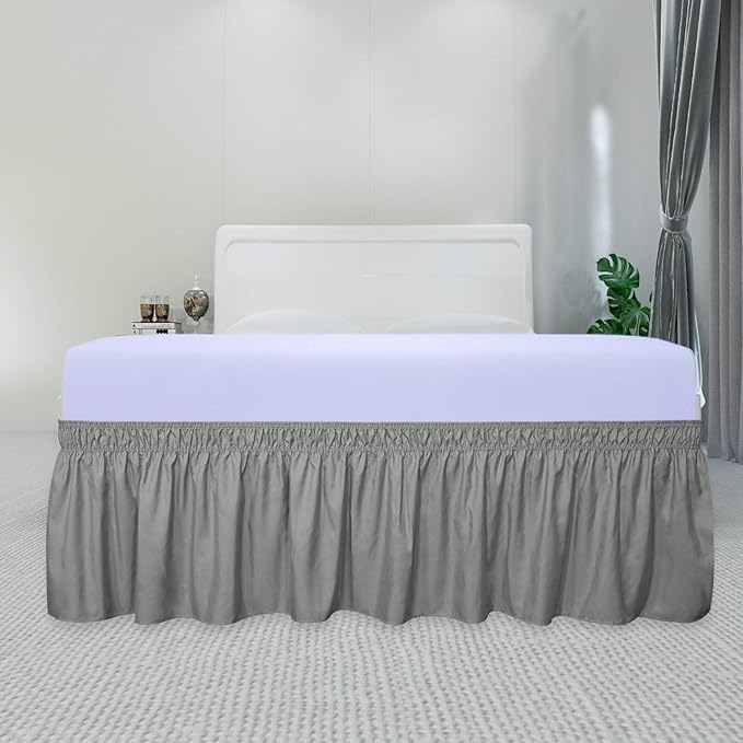 PureFit Wrap Around Ruffled Bed Skirt with Adjustable Elastic Belt - 18 Inch Drop Easy to Put On, Wrinkle Free Bedskirt Dust Ruffles, Bed Frame Cover for Queen, King and C-King Size Beds, Gray